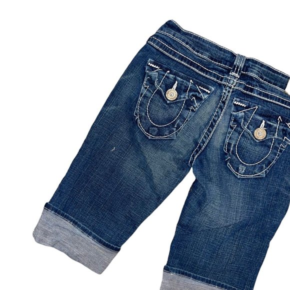 True Religion Distressed Dark Wash Flap Pockets Cuffed Bermuda Shorts Womens 27 - Picture 5 of 7